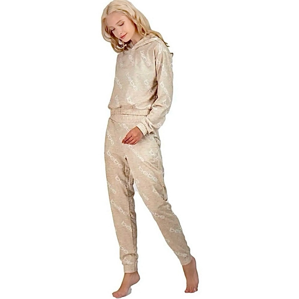 BEBE MSRP $70 Logo Printed Cropped Pullover Hoodie in Beige/White - Picture 6 of 6